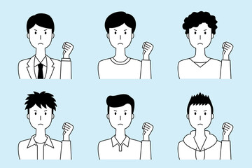 こぶしを挙げて怒った表情の男性のベクターイラストセット