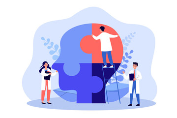 Psychologists doctors people connecting jigsaw puzzle pieces of head. Mental health support flat vector illustration. Psychological help concept for banner, website design or landing web page
