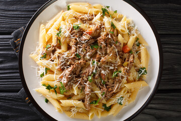 Pasta alla Genovese Penne With Neapolitan Beef and Onion sauce close up in the plate on the table. Horizontal top view from above
