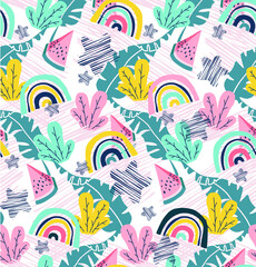 
Vector heavenly and tropical pattern with rainbow, watermelon, leaves and doodle art. Trendy kids background for textiles and typography.