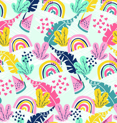  Vector heavenly and tropical pattern with rainbow, watermelon, leaves and doodle art. Trendy kids background for textiles and typography.