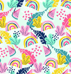 
Vector heavenly and tropical pattern with rainbow, watermelon, leaves and doodle art. Trendy kids background for textiles and typography.