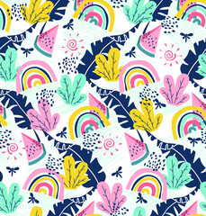 Fototapeta na wymiar Vector heavenly and tropical pattern with rainbow, watermelon, leaves and doodle art. Trendy kids background for textiles and typography.