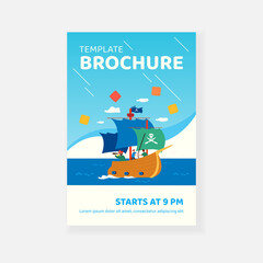 Old pirate boat with skull on black flag and canvas, captain and sailors on deck sailing in high sea. Vector illustration for buccaneers ship, water attack, piracy concept