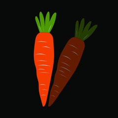 Cute carrot on black background. Vegetables with carotene. Illustration for printing in grocery online stores, children's decor. Vector graphics.