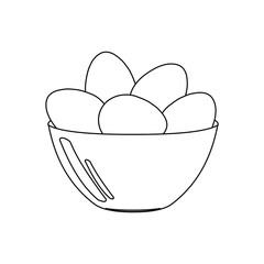 Easter. Chicken eggs in a plate are drawn with a black outline isolated on a white background. Cute illustrations for holiday cards, kitchen textiles. Vector graphics. Coloring book.