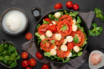 Delicious Italian caprese salad with sliced tomatoes and mozzarela on dark background.