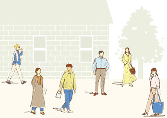 若い男女と建物背景