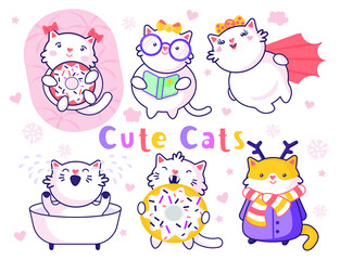 Set of 6 cute kawaii cats, isolated on white for stickers, cards, labels and tags. Minimal style