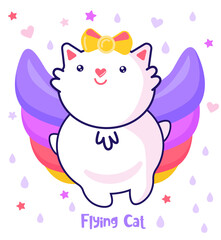 Obraz na płótnie Canvas Flat Flying Cat, cartoon. Child vector. Happy summer holiday. Perfect for Nursery kids, greeting card, baby shower girl, fabric design.