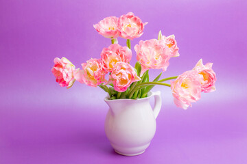bouquet of pink tulips in a vase on a purple background