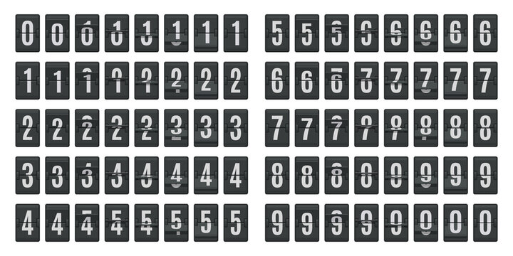 Flip countdown animation. Scoreboard numbers countdown panels, score date counter animation. Countdown flip boards vector illustration set