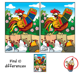 Rooster and hens. Find 10 differences. Educational game for children. Cartoon vector illustration