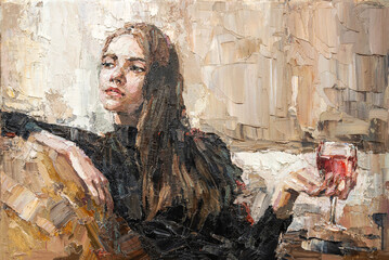 Beautiful attractive young woman  holding a glass of wine. Oil painting on canvas.