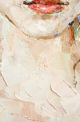 Fragment of the face of a young girl. Oil painting on canvas.