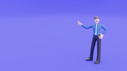 Businessman is smiling, stand and point his hand in to the air beside him. Business people in explain or presentation concept in 3d rendering.