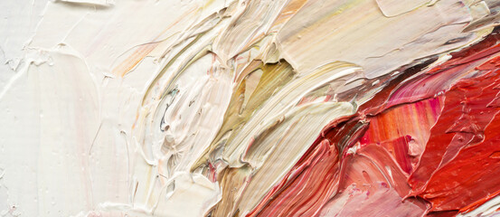 Embossed pasty oil paints and reliefs. Primary colors: ocher, white, red .  Abstract art.