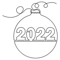 Christmas decoration ball with 2022 pattern, continuous line. Vector illustration, isolated on white background.