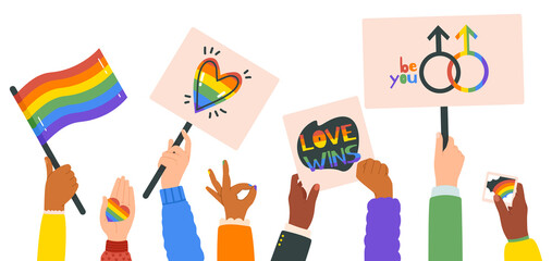 Obraz na płótnie Canvas Hands holding lgbt posters. People crowd with rainbow flag, gender signs and hearts, lgbtq community, pride month. Gay parade placards vector illustration set