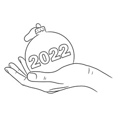 Hand holding a Christmas decoration ball with 2022 pattern. Hand drawn vector illustration in line art style, isolated on a white background.