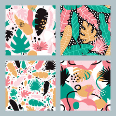 Tropical abstract patterns. Hand drawn seamless jungle leaves backdrop. Abstract contemporary floral vector background illustration set
