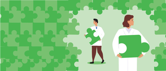 Scientists and puzzle as opening and space for text, scientific flat vector stock illustration with doctors or doctors in the laboratory and copy space