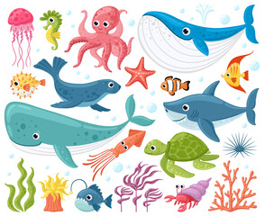 Cartoon-Meerestiere. Süße Meeresfische, Tintenfische, Haie und Schildkröten, Quallen, Krabben und Robben. Unterwasser-Tiertiere Vektor-Illustration-Set