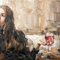 Beautiful attractive young woman  holding a glass of wine. Oil painting on canvas.