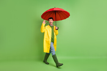 Full size photo of brunet impressed guy go wave hand with umbrella wear cloak boots isolated on...
