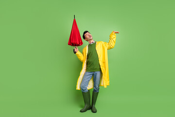 Full size photo of young happy excited dreamy man dancing look copyspace hold umbrella isolated on green color background