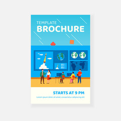 Cosmic engineers monitoring rocket launch, starting ship, working at computers inside space center. Flat vector illustration for cosmic flight mission, satellite surveillance control concept