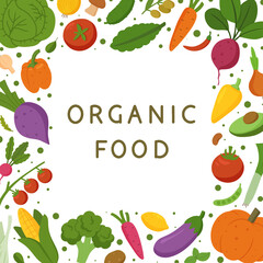 Organic food. Frame with fresh vegetables. Healthy and beneficial product. Gardening or farming concept. Design for flyer template, logo, print, packaging, card. Flat vector illustration.