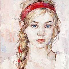 Young girl with a red ribbon in her hair. Blue-eyed girl with a pigtail. Oil painting on canvas.