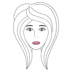 Womans face. Sketch. The head of the girl in full face. Vector illustration. Haircut for medium hair-cascade. Plump lips. Lady with heterochromia. One eye is blue, the other brown. 