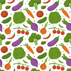 Seamless pattern with fresh vegetables. Organic food. Gardening or farming concept. Design for print, packaging, wallpaper, textil. Flat vector illustration.