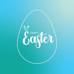 Vector illustration of Happy Easter holiday with bunny ears in an egg on a blue background. Beautiful calligraphic font. Easter card.