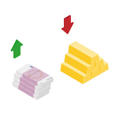 Isometric golden gold bar and euro banknotes up and down arrows.