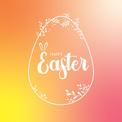 Easter card. Vector illustration of Happy Easter holiday with bunny ears in an egg on a pink, orange background. Beautiful calligraphic font.