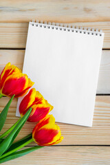 Fresh tulips bouquet and empty blank card for copy space over wooden table background. Mockup. Springtime. Green notebook with red flowers on natural boards. Hello spring, greetings for women.