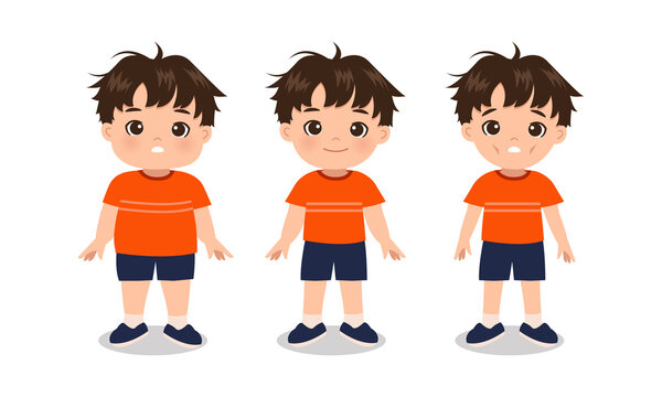 Overweight, normal, and underweight boy. Before after body transformation. Flat vector cartoon design.
