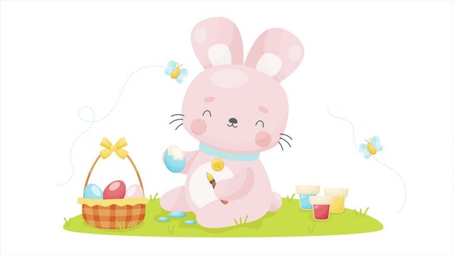 Cute cartoon Easter bunny painting eggs. Vector animation video.