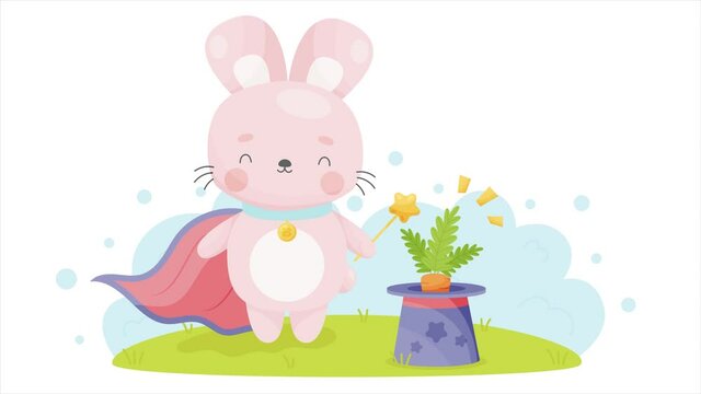 Cute cartoon Easter bunny magitian with magic wand gets out carrot from the magic hat . Vector animation video.