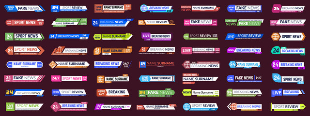 Lower third tv news bars. Television headline breaking news banners, online broadcasting show. Tv media news title banner vector illustration set