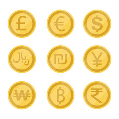 World currency symbol and coins set