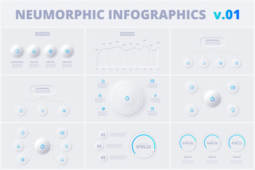 Set with neumorphic infographic design templates. Modern neumorphism vector illustration for presentation with 4, 5, 6 and 7 options or steps