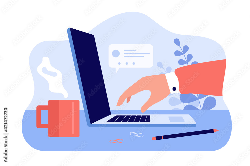 Wall mural office worker hand working on laptop computer. device and coffee cup on workplace desk side view fla