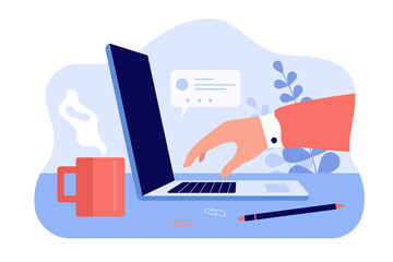 Office worker hand working on laptop computer. Device and coffee cup on workplace desk side view flat vector illustration. Modern technology, office work concept for website design or landing web page - obrazy, fototapety, plakaty