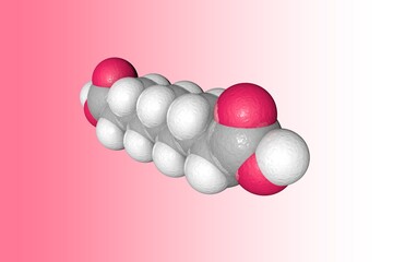 Space-filling molecular model of azelaic or nonanedioic acid. Atoms are represented as spheres with conventional color coding: carbon (grey), oxygen (red), hydrogen (white). 3d illustration