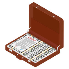 Brown briefcase with top secret documents and million dollars isometric view