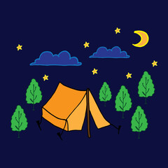 camp in the night. cloud, stars and crescent moon. night background. camp in forest, trees. hand drawn vector. outdoor activity. doodle art for logo, poster, banner, cover, postcard, greeting, advert